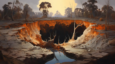 the sinkhole, a breathtaking natural wonder in western australia, is majestically captured in this vibrant landscape painting, showcasing the eerie blue waters and rugged terrain of this unique geological formation, surrounded by a vast expanse of australian outback. ai generatedの素材