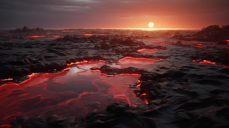 "aerial drone captures a breathtaking lava field shot of a serene sandy beach, bathed in warm golden light, showcasing hyper-realistic textures and tones, reminiscent of the works of renowned drone photographers, perfect for tropical getaway inspiration and coastal landscape enthusiasts.", ai generatedの素材