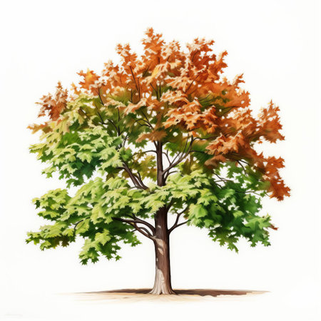 the majestic maple tree illustration stands out against a crisp white background, showcasing its vibrant emerald and brown hues in stunning detail, perfect for use as a spectacular backdrop in various art forms, such as ceramic designs or typography, with its high-resolution 300 dpi quality and absence of watermarks or text. ai generatedの素材