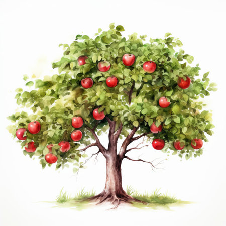 the apple tree illustration stands out against a pristine white background, showcasing the vibrant emerald and brown hues of this stunning aquarellist artwork, reminiscent of the art of tonga, perfect for use as a ceramic design or uhd image, with a high-resolution 300 dpi quality and typography that doesn't overlap. ai generatedの素材