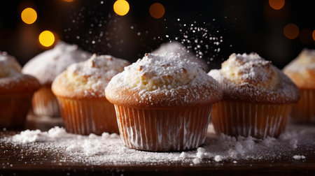 muffins, freshly baked to perfection, boast a delicate dusting of powdered sugar, beautifully backlit to enhance its caramelized sweetness, enticingly aromatic and irresistibly moist, perfect for a sweet breakfast treat or afternoon indulgence, evoking feelings of warmth and comfort. ai generatedの素材