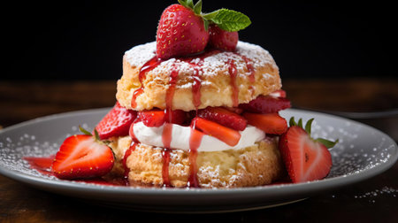 strawberry shortcake, adorned with a delicate dusting of powdered sugar, is beautifully backlit to enhance its caramelized sweetness, showcasing the tender texture of fresh strawberries and the crumbly goodness of buttery biscuits, perfect for a warm summer afternoon dessert or a sweet breakfast treat. ai generatedの素材