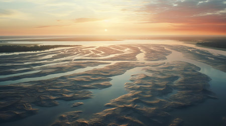 "sandy beach stretches across the serene tidal flats, bathed in warm, golden light, evoking a sense of tranquility, as if captured by a seasoned drone photographer, showcasing the beauty of coastal landscapes, perfect for nature lovers and photography enthusiasts alike, seeking inspiration from aerial views.", ai generatedの素材