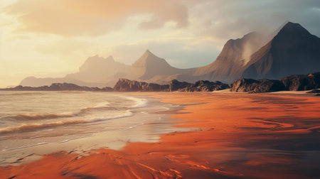 "aerial volcanic field captures a serene sandy beach scene, bathed in warm, golden light, showcasing hyper-realistic details, reminiscent of renowned drone photographers' masterpieces, evoking a sense of tranquility and awe-inspiring natural beauty.", ai generatedの素材