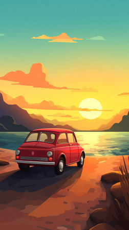 the fiat 500 cruises down the winding road, bathed in the warm golden light of a breathtaking sunset, its sleek design and vibrant colors popping against the serene landscape, captured in a stunning isometric view that showcases the iconic car's timeless charm and beauty. ai generatedの素材