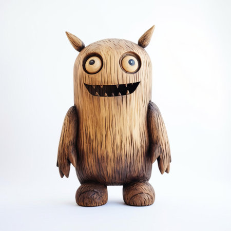 the wooden monster, crafted with precision and care, stands proudly on a pristine white background, showcasing its intricately carved full body, a testament to the artisan's skill in woodworking, highlighting the beauty of handmade wooden sculptures and decorative figurines. ai generatedの素材