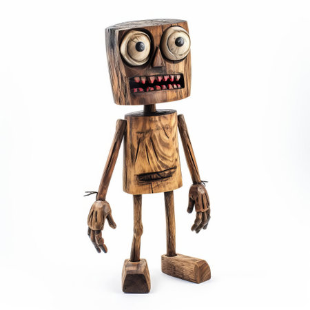 this handmade wood zombie, posed on a pristine white background, showcases a full-body wooden sculpture of the undead creature, meticulously crafted to highlight its eerie features, from the hollow eyes to the tattered clothes, evoking a sense of apocalyptic horror and dark fantasy. ai generatedの素材