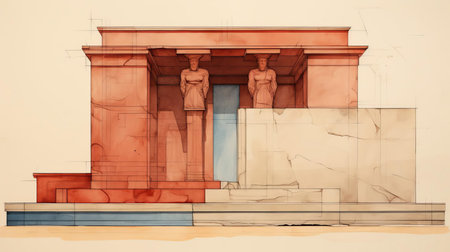 the caryatides, iconic sculptures from the acropolis of athens, are reimagined in this unique drawing, blending ancient greek architecture with the bold, rectangular forms of american foursquare style, while incorporating the vibrant, abstract colors reminiscent of mark rothko's signature style, creating a fascinating cultural fusion. ai generatedの素材