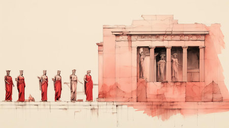 the caryatides, iconic sculptures of ancient greek architecture, are beautifully reimagined in this stunning drawing, blending arts and crafts style with the bold, abstract colors of mark rothko, set against the majestic backdrop of the acropolis of athens, a masterpiece of ancient greek history and culture. ai generatedの素材