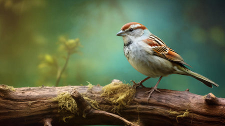 the american tree sparrow perches on a weathered wood branch, its brown and white feathers blending seamlessly with the lush green foliage of the surrounding environment, showcasing its natural habitat in this stunning wildlife photography capture. ai generatedの素材