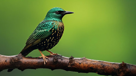 the european starling perches majestically on a weathered wood branch, its iridescent feathers glistening against a vibrant green background, showcasing its unique plumage in this stunning wildlife photography capture, highlighting the beauty of nature and the art of bird photography. ai generatedの素材