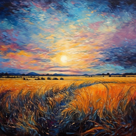 a serene wheat field stretches across a valley, bathed in the soft, gentle light of dusk, as a faint and colorful glow dances across the clouds, evoking the impressionist brush strokes of claude monet, with a fuzzy, dreamy quality that invites the viewer to step into the peaceful atmosphere. ai generatedの素材