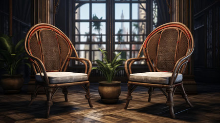 a sl wicker dining chair, part of a 2-pack divan set, sits amidst the rustic charm of beijing east village, blending seamlessly with the surroundings. the intricately woven wicker pattern and natural textures evoke a sense of earthy elegance, while the subtle play of light and shadows adds depth to this highly detailed rendering. ai generatedの素材