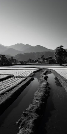 the serene landscape of a japanese rice paddy stretches towards the majestic mountains in the distance, set against a brilliant blue sky with soft, warm light, captured in stunning black and white photography with low saturation, evoking a sense of tranquility and harmony with nature, reminiscent of a film sense portrait. ai generatedの素材