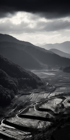the landslide, surrounded by lush green rice paddy fields, stretches towards the majestic mountains in the distance, set against a serene blue sky, captured in stunning black and white photography with soft, warm light and low saturation, evoking a sense of tranquility in the japanese forest, with intricate 8k details that evoke a film sense portrait. ai generatedの素材
