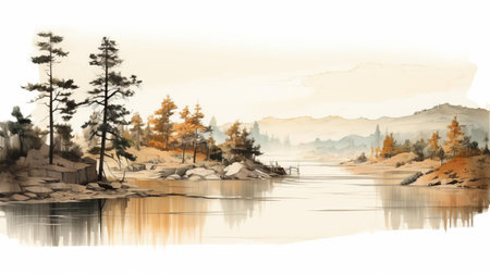the desert landscape features a serene sketch of pine trees standing tall along the tranquil water's edge, their slender branches stretching towards the clear blue sky, surrounded by vast expanses of arid sand and rocky formations, evoking a sense of peaceful solitude and natural beauty. ai generatedの素材