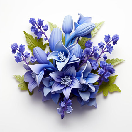 bluebells, delicately arranged to create a stunning 3d effect, pop against a crisp white isolated background, showcasing their vibrant blue petals and slender stems, evoking a sense of springtime wonder and whimsy in this beautiful floral still life photography. ai generatedの素材