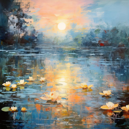 a serene pond reflects the gentle dusk sky, adorned with a faint and colorful glow across the clouds, evoking a sense of cold colours reminiscent of impressionism, as if claude monet's brush strokes had come to life in this peaceful scene, with fuzzy details that evoke a sense of softness. ai generatedの素材