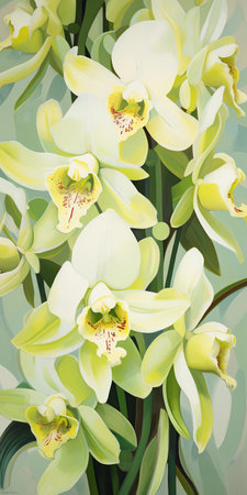 this exquisite cymbidium orchid boasts stunning light yellow and emerald green hues, captured in ultra-high resolution to reveal its creamy texture and smooth palette knife effect, showcasing superior quality and intricate details, perfect for nature enthusiasts and floral art lovers alike. ai generatedの素材