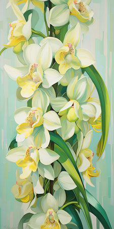 the cymbidium orchid blooms with elegance, featuring delicate light yellow and emerald green hues, while its ultra-high resolution showcases a creamy texture and smooth palette knife effect, highlighting the flower's superior quality and intricate details in a stunning botanical photography display. ai generatedの素材