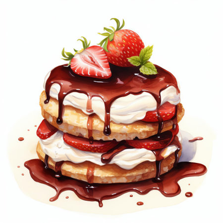 strawberry shortcake, adorned with a rich chocolate glaze, takes center stage in this stunning watercolor illustration, viewed from above on a crisp white background, evoking feelings of warmth and comfort, perfect for foodies and dessert lovers alike, showcasing the beauty of sweet treats in a creative artistic style. ai generatedの素材