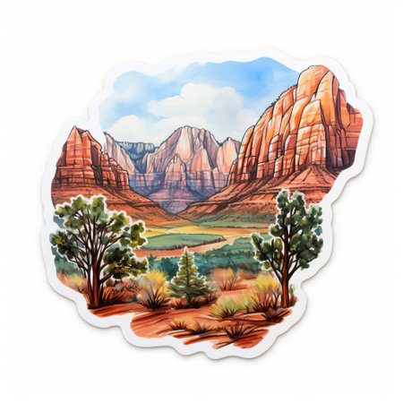 zion national park's majestic landscape unfolds in this stunning panorama watercolor sticker, capturing the essence of utah's natural beauty with its unique rock formations, lush greenery, and serene atmosphere, perfect for nature lovers and travel enthusiasts to add a touch of adventure to their journals, laptops, or water bottles. ai generatedの素材