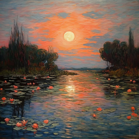 atoll, a serene tropical island, is set against a gentle dusk sky with a faint and colorful glow across the clouds, evoking a sense of calmness, reminiscent of claude monet's impressionism, with bold brush strokes and fuzzy textures, exuding a soothing atmosphere. ai generatedの素材