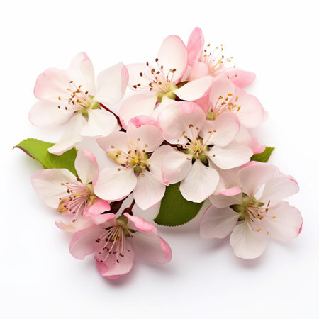 apple blossom rests elegantly on a pristine white table, its delicate petals and tender stems showcased in stunning high detail, captured with hyper-realistic quality and precision in this high-resolution, 8k image, perfect for commercial photography and graphic design applications. ai generatedの素材