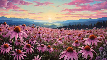 echinacea flowers sway gently in the soft morning breeze, surrounded by lush greenery in a picturesque field in provence, france, capturing the serene beauty of the french countryside on a sunny summer morning, with vibrant purple petals shining brightly against a clear blue sky. ai generatedの素材