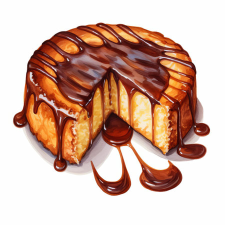 this decadent butter cake, smothered in a rich chocolate glaze, takes center stage on a pristine white background, its vibrant colors and textures beautifully captured in a stunning watercolor style, evoking feelings of indulgence and sweet temptation, perfect for foodies and dessert lovers alike. ai generatedの素材