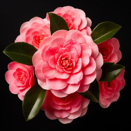 camellia flowers are elegantly arranged on a pristine white table, showcasing their delicate petals and intricate details, captured in stunning high-definition photography with exceptional clarity and realism, perfect for commercial use in high-resolution formats up to 8k. ai generatedの素材
