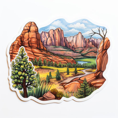 zion national park is beautifully depicted in this stunning woodland watercolor sticker, showcasing the majestic sandstone cliffs, lush greenery, and serene natural beauty of utah's iconic landscape, perfect for nature lovers and outdoor enthusiasts to decorate their journals, laptops, or water bottles. ai generatedの素材