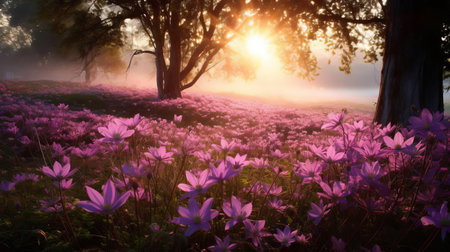 clematis flowers bloom vibrantly in a picturesque field, set against the serene backdrop of a provence morning, with soft golden light casting a warm glow on the delicate purple petals, surrounded by lush green foliage and rustic stone walls. ai generatedの素材