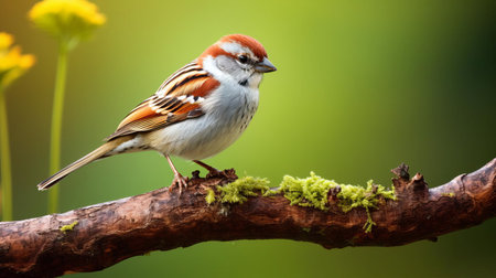 the american tree sparrow perches delicately on a weathered wood branch, its brown and white feathers blending seamlessly with the lush green foliage of the surrounding environment, showcasing its natural habitat in this stunning wildlife photography capture. ai generatedの素材