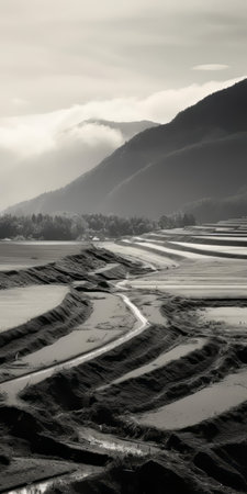 the mountainous landscape of japan is dramatically framed by a landslide that sweeps across the lush green rice paddy, set against a stunning backdrop of distant mountains under a brilliant blue sky, captured in exquisite 8k detail with a soft, low-saturation aesthetic reminiscent of film sense portrait photography in black and white. ai generatedの素材