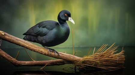 the american coot perches calmly on a weathered wood branch, its sleek black plumage and snowy white forehead standing out against a lush green background, showcasing its natural beauty in this stunning wildlife photograph, capturing the essence of nature's serenity and tranquility. ai generatedの素材
