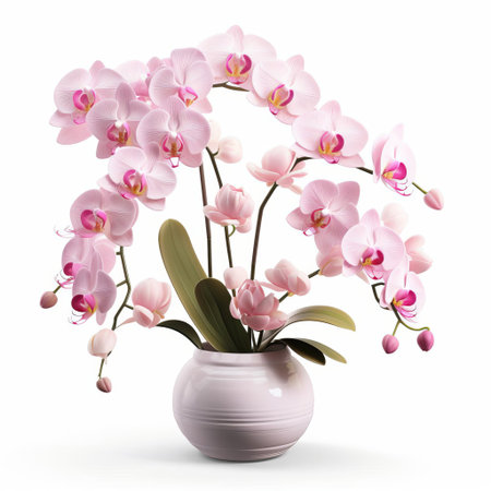 the exotic orchid arrangement pops against a pristine white isolated background, showcasing its delicate petals and intricate details in a stunning 3d effect, perfect for floral enthusiasts and interior designers seeking elegant decoration inspiration for weddings, events, or home decor. ai generatedの素材
