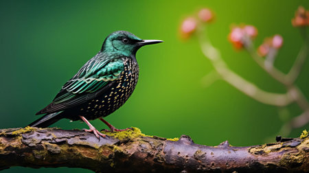 the european starling perches confidently on a weathered wood branch, its iridescent feathers glistening against a vibrant green background, showcasing its unique plumage in this stunning wildlife photograph, capturing the essence of nature's beauty in a serene and peaceful setting. ai generatedの素材