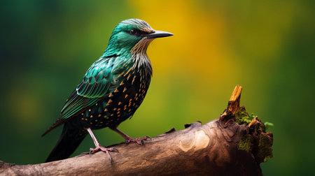 the european starling perches confidently on a weathered wood branch, its iridescent feathers glistening against a lush green background, showcasing its unique plumage in this stunning wildlife photography capture, highlighting the beauty of nature and the art of bird photography. ai generatedの素材