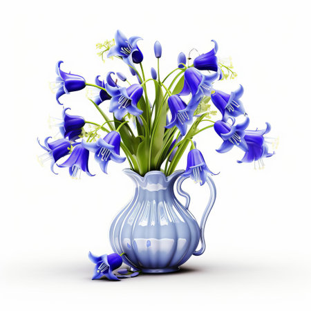 bluebells, delicately arranged to create a stunning 3d effect, sit beautifully on a pristine white isolated background, showcasing their vibrant blue petals and subtle green stems, evoking a sense of springtime wonder and serenity in this captivating floral still life photography. ai generatedの素材