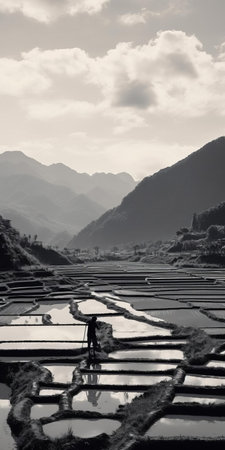 the quarry stands serene amidst a lush rice paddy, with majestic mountains rising in the distance, set against a brilliant blue sky, captured in stunning black and white photography with low saturation, evoking a sense of tranquility, nestled within a vibrant forest in rural japan, showcased in exquisite 8k detail, exuding a nostalgic film sense portrait essence. ai generatedの素材