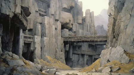 the quarry, as depicted by renowned artist alan lee, is showcased in this stunning close-up view, revealing the intricate textures and rugged beauty of the rocky landscape, evoking a sense of industrial heritage and the passage of time, with earthy tones and weathered stone dominating the scene. ai generatedの素材