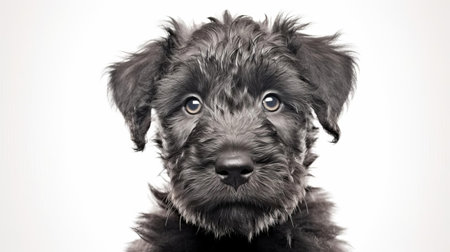 the bouvier des flandres puppy, with its distinctive beard and mustache, gazes directly into the camera, showcasing its adorable wrinkles and fluffy coat, set against a clean white background, highlighting its gentle nature and playful personality, perfect for dog lovers and breed enthusiasts. ai generatedの素材