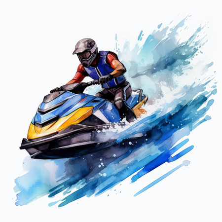 jet ski, a vibrant watercraft, zooms across the serene water, leaving a trail of splashing waves and ripples, set against a crisp white background, perfect for summer vacation and beach-themed designs, evoking feelings of freedom and adventure on the open sea. ai generatedの素材