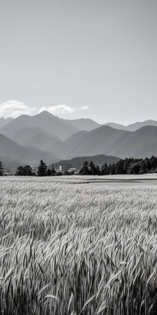 the serene pasture, nestled among lush green rice paddies, stretches towards the majestic mountains in the distance, set against a brilliant blue sky, capturing the essence of rural japan in a stunning black and white photograph with soft, low-saturation tones and exceptional 8k details, evoking a sense of film sense portrait. ai generatedの素材