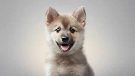 the adorable norwegian buhund puppy, with its fluffy coat and curious expression, takes center stage in this intimate close-up shot, set against a crisp white background, showcasing the breed's distinctive features and playful personality, perfect for dog lovers and enthusiasts of nordic breeds. ai generatedの素材