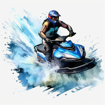 jet ski, a vibrant watercraft, zooms across the serene ocean waves in this stunning watercolor clipart, set against a crisp white background, evoking feelings of summer fun, adventure, and freedom, perfect for designs requiring a touch of nautical excitement and sporty flair. ai generatedの素材