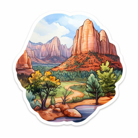 zion national park is beautifully depicted in this vibrant woodland watercolor sticker, showcasing the park's majestic red rock formations, lush greenery, and serene natural beauty, perfect for outdoor enthusiasts and nature lovers to add a touch of adventure to their laptops, journals, or any other surface. ai generatedの素材