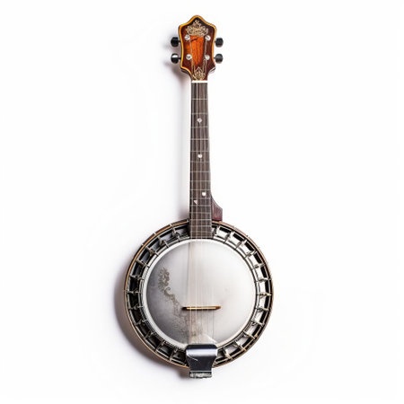the banjo, a traditional american stringed instrument, sits proudly against a crisp white background, its five strings and circular body showcasing its unique design, perfect for bluegrass, country, and folk music enthusiasts to appreciate its rustic charm and rich musical heritage. ai generatedの素材