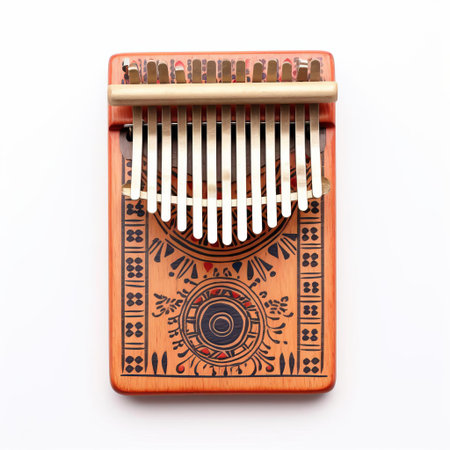 the kalimba, an ancient african instrument, sits elegantly against a pristine white background, its intricately carved keys and resonator showcasing its unique craftsmanship, evoking a sense of cultural heritage and musical tradition, perfect for music enthusiasts and cultural explorers alike. ai generatedの素材